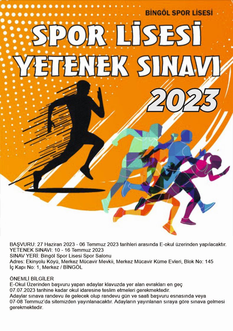 SPOR LİSESİ YETENEK SINAVI

🤾🤾‍♀️
⚽️🏀🏐

📣 Bingöl Spor Lisesi yetenek sınavı başvuruları 27 Haziran - 06 Temmuz tarihleri arasında e-okul üzerinden yapılacaktır.

Ortaokul 8.sınıftan mezun olan öğrencilerimize önemle duyurulur❕

<a href="/tcmeb/">Millî Eğitim Bakanlığı</a> <a href="/bingolvaliligi/">T.C. Bingöl Valiliği</a> @kadriengin