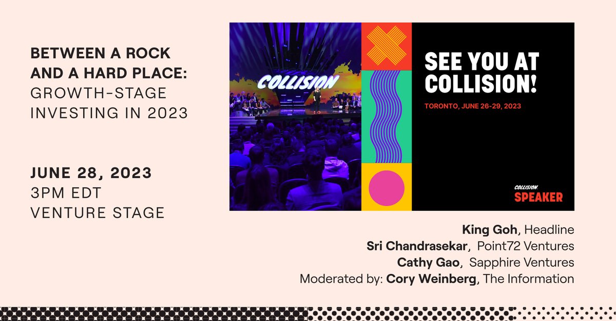Headline (@headlinevc) on Twitter photo Headline is headed to Toronto! ✈️ This Wednesday, <a href="/King__goh/">King Goh</a> will be speaking at #CollisionConf about the realities of Growth-Stage investing in 2023 alongside <a href="/SriChandrasekar/">Sri Chandrasekar</a> from <a href="/p72vc/">Point72 Ventures</a> and <a href="/cgao/">cathy gao 🌙</a> from <a href="/SapphireVC/">Sapphire Ventures</a>, moderated by <a href="/coryweinberg/">Cory Weinberg</a> from <a href="/theinformation/">The Information</a>. Headline is headed to Toronto! ✈️ This Wednesday, <a href="/King__goh/">King Goh</a> will be speaking at #CollisionConf about the realities of Growth-Stage investing in 2023 alongside <a href="/SriChandrasekar/">Sri Chandrasekar</a> from <a href="/p72vc/">Point72 Ventures</a> and <a href="/cgao/">cathy gao 🌙</a> from <a href="/SapphireVC/">Sapphire Ventures</a>, moderated by <a href="/coryweinberg/">Cory Weinberg</a> from <a href="/theinformation/">The Information</a>.