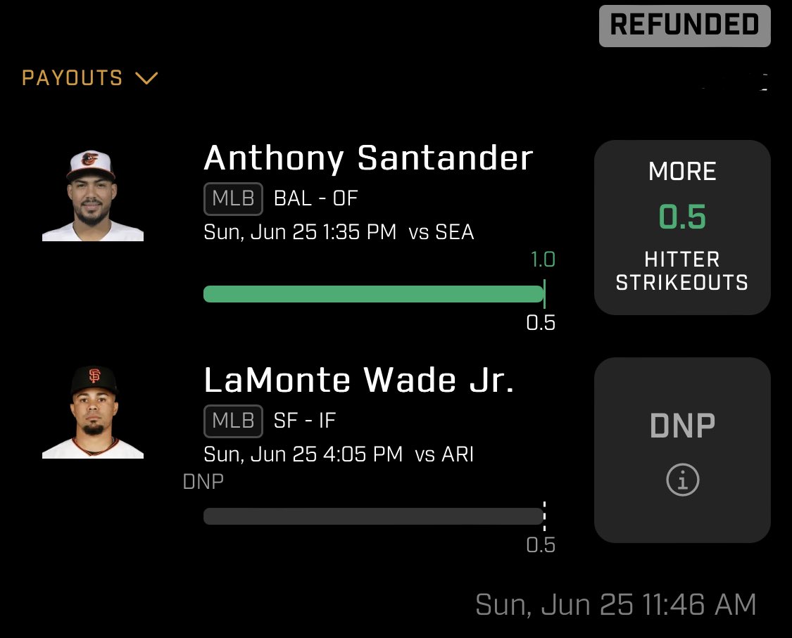 ⚾️MLB Recap 06/25: +1.45 Units🔥

✅PIT@MIA NRFI -140 1U
✅PHI Schwarber O 0.5BB -135 1U
Push- PrizePicks Play 1 (+200) 1U

MLB Plays 06/26: 
CWS@LAA NRFI -120 1U
LAA Fletcher O 0.5K +105 1U

#GamblingTwitter #PrizePicks #DraftKings #FanDuel  #Bet365 #BetMGM #PlayerProp #MLB