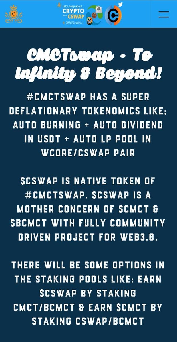 CMCTswap's tweet photo. 🎤All Hidden Secrets, which you all should know about $CSWAP before it's get Launched⚡️Don't🚀miss the🚀Chance🚀

✅Join TG GROUP to Stay Tuned👇🏻
✔"https://t.co/jMxhRDe2if"

#CMCTswap #CSWAP #CoinMarketCart #CMCT #BabyCMCT #BCMCT #CORE #CoreDao_Org #CoreDAO #RoadTo100 #BTC #BNB https://t.co/xQUB0Jh4uB