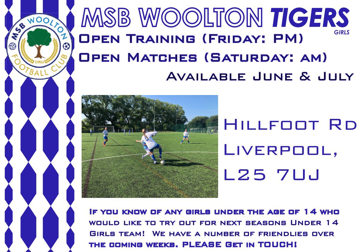 MsbTigers's tweet photo. Open training &amp; matches for girls under 14’s in the south Liverpool area. Interested? Get in touch @girls_trials @MsbTigers https://t.co/pIALeIFSLf
