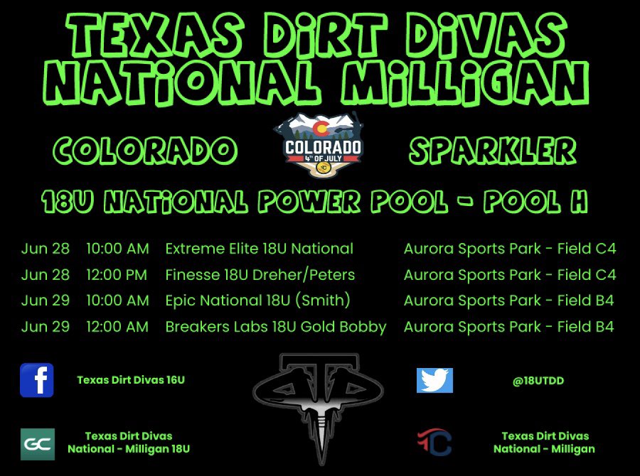 Made it to Colorado! Ready to play!! Come watch us at Aurora Sports Wednesday and Thursday! <a href="/18UTDD/">Texas Dirt Divas National 18u</a> <a href="/keelimilligan/">Keeli Milligan</a> <a href="/JdChandler78/">James Chandler</a> <a href="/KenThomas74/">Kenny Thomas</a>