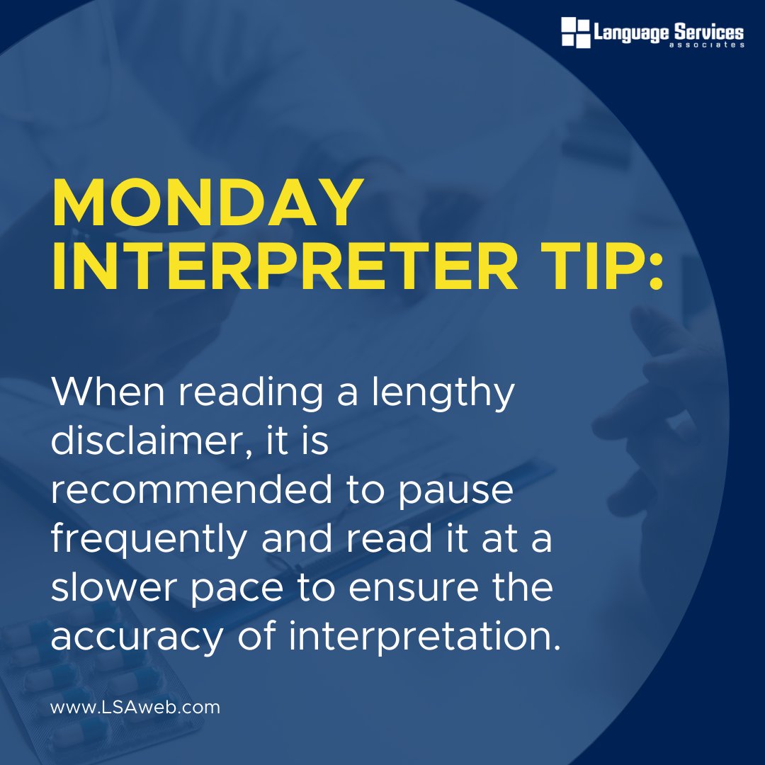 LSAWeb's tweet image. When reading a lengthy disclaimer, it is recommended to pause frequently and read it at a slower pace to ensure the accuracy of interpretation.

#MondayInterpreterTip #InterpreterTip #WorkingwithInterpreters #ProfessionalDevelopment #Professional #Healthcare #Career #Tips
