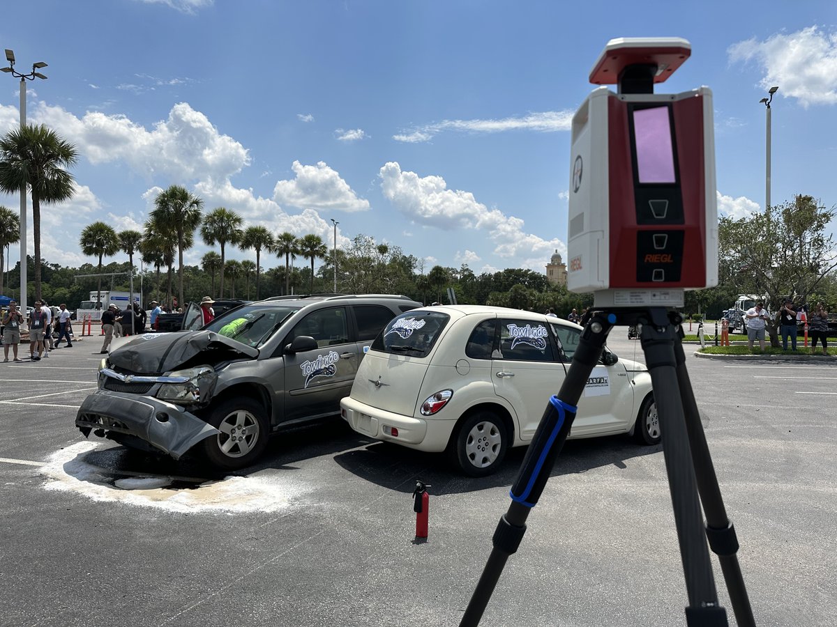 RIEGL's tweet photo. #RIEGL is live and in action at #IPTM2023 for Crash Demo Day. The VZ-600i #TerrestrialLaserScanner is the official data being used for session diagrams and with its lightning-fast scan times the demo vehicles aren’t the only thing causing a scene! https://t.co/bt9kk8coM7