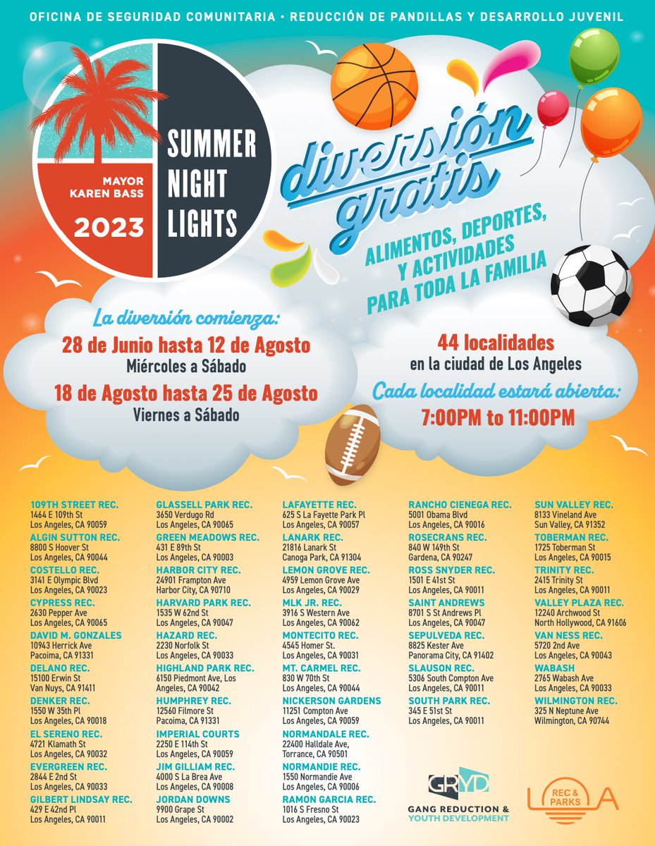 Los Angeles Unified Families: Summer Night Lights starts on June 28! This free program keeps 44 parks open from 7 to 11 pm, as well as creates a safe space for families and communities to gather and enjoy free food, sports and activities.