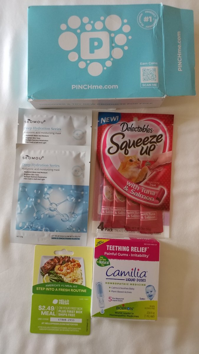 Many Thanks @PINCHme for #PINCHmebox No.23 #HappyPINCHer ❣️ 
💙Delectables Squeeze Up with Tuna & Salmon Cat Treats
💙Camilia Teething Drops Pre-measured Liquid Doses by Boiron
💙SEOMOU Deep Hydration Series, Hyaluronic Acid Moisturizing Face Masks
💙HelloFresh Meal Kit Offer