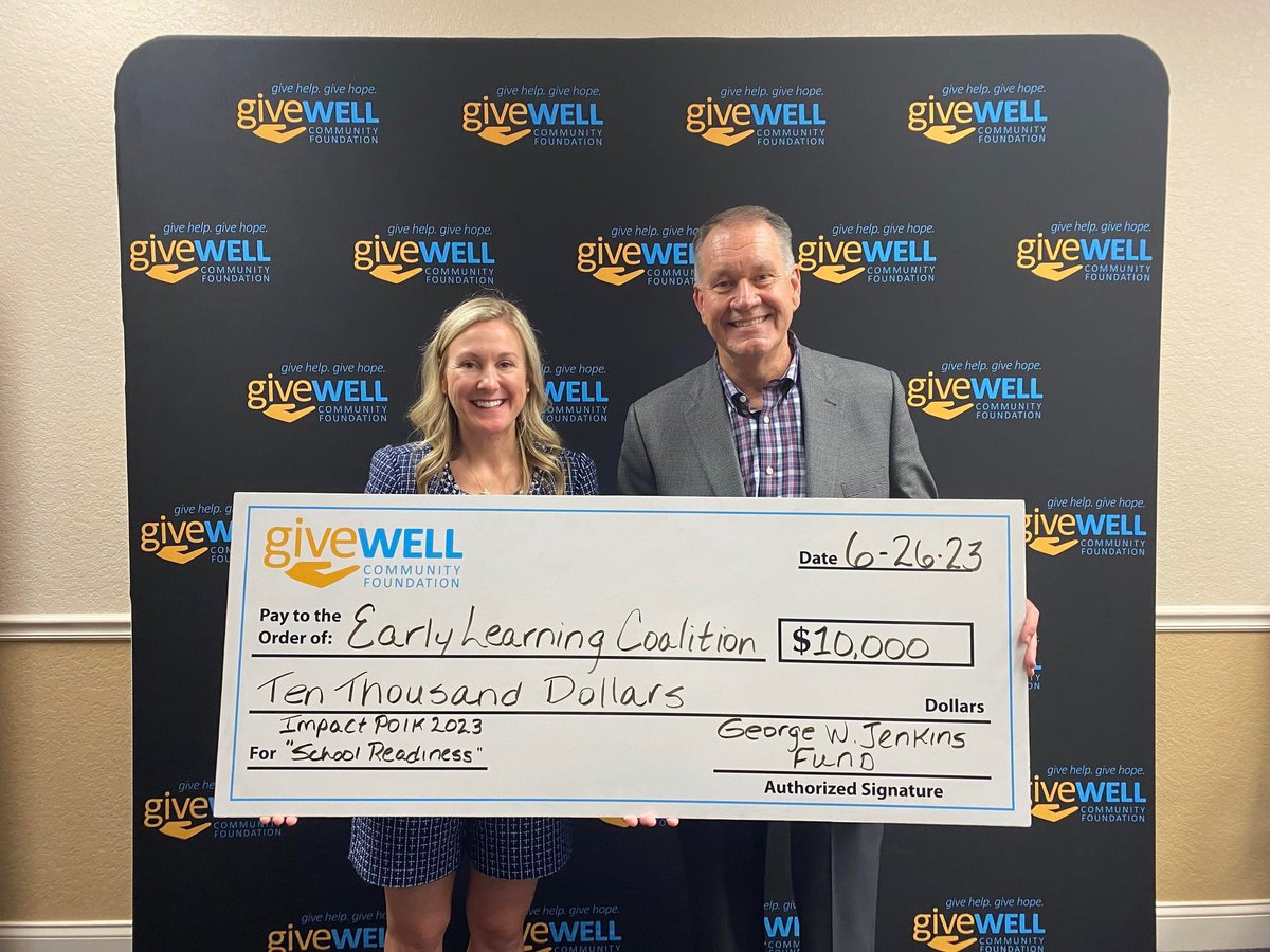 ELCPolk's tweet photo. On behalf of the George W. Jenkins Fund within GiveWell Community Foundation, President/CEO Callie Neslund presented our CEO Dr. Marc Hutek with a very generous $10,000 contribution to continue our efforts in providing quality early education throughout Polk County! #elcpolk https://t.co/WTXavcpsmM