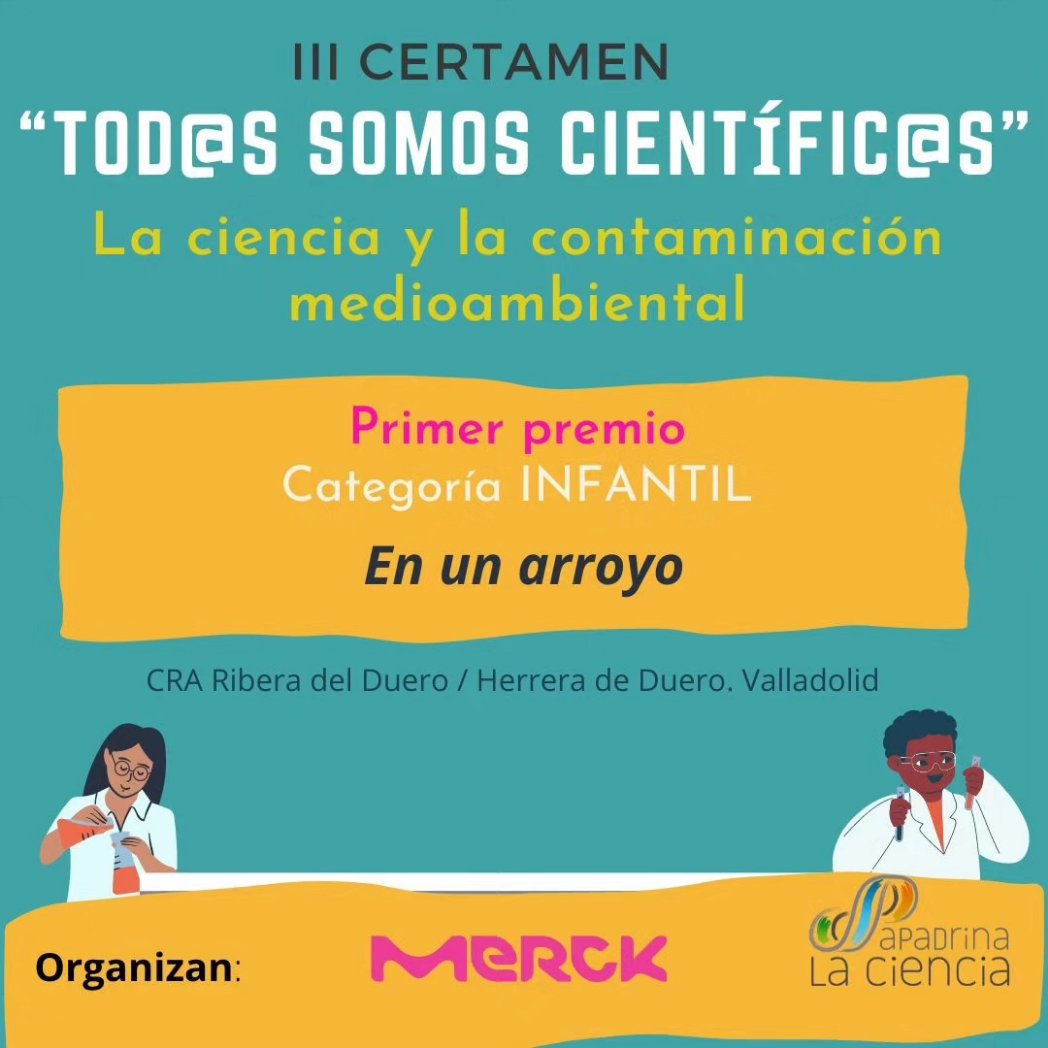 ApadrinaCiencia's tweet photo. III Certamen "Tod@s somos científic@s" Primer premio por el cuento "En un arroyo". ¡¡Enhorabuena a los niños y niñas de Infantil!!😃🏆🎁
#CRARiberadDuero
https://t.co/NHLnAssdPI https://t.co/V4C8zLRaA0