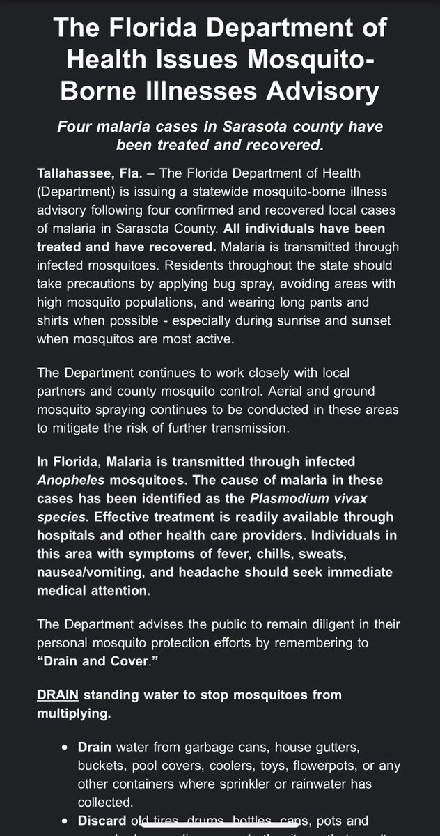 First Texas, now Florida…
Two people caught Malaria in #SarasotaCounty and have since recovered