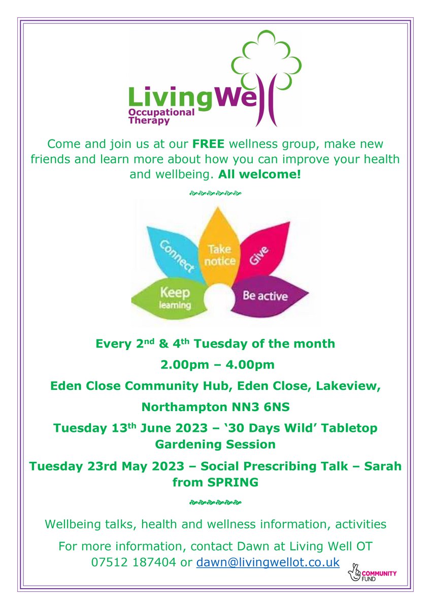 LivingwellOT's tweet photo. Delighted to have Sarah from SPRING Social Prescribing at our free Wellbeing Group tomorrow at @NPH_news Eden Close Community Hub, to share what social prescribing offers people living with long term conditions #wellbeing #connectingwithothers #socialprescribing https://t.co/uCXho9sERa