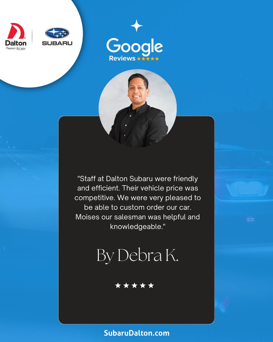 SubaruDalton's tweet photo. Thank you for the 5 Star Review Debra!

#daltonsubaru #passionforyou #subaru https://t.co/nIeCHU0ltv