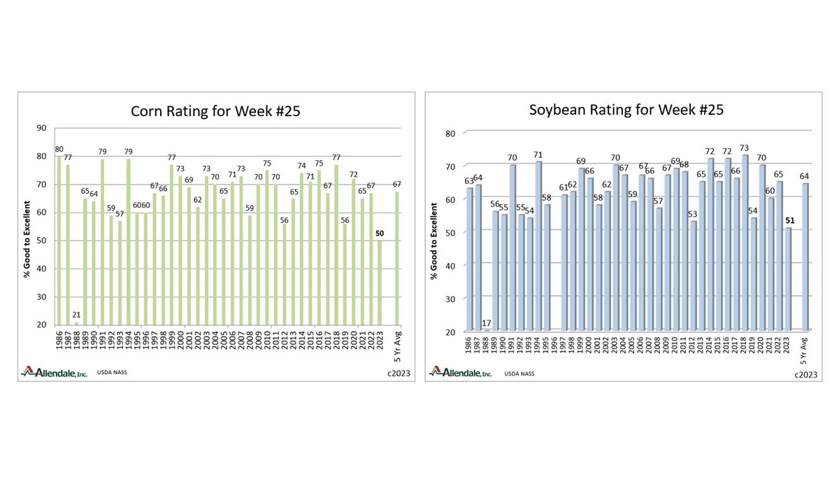 Corn and soybean ratings, 50% and 51% good/excellent respectively, are at their second lowest point for this week in the 38 year ratings history.