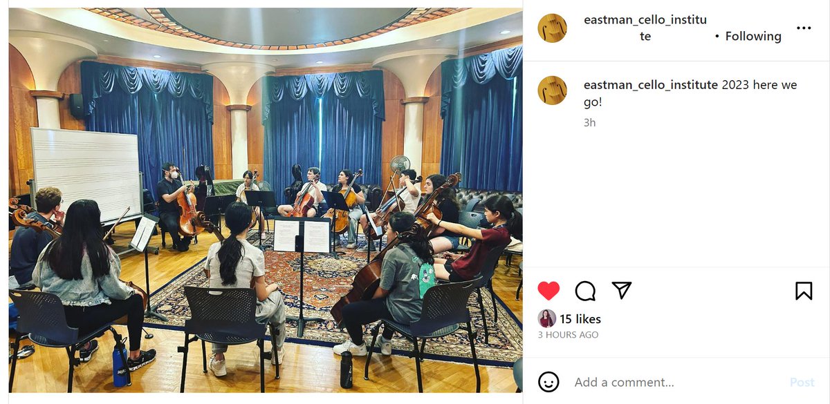 Silpayamanant's tweet photo. The Eastman Cello Institute has begun! In a couple of weeks I'll get to hear some of these young cellists play my @CelloConsortium (Cello Teaching Repertoire Consortium) piece! So excited!!

Screenshot link: https://t.co/cri42JsX4i

#Cello #NewMusic #Composition #Repertoire https://t.co/wb47kmG1FN