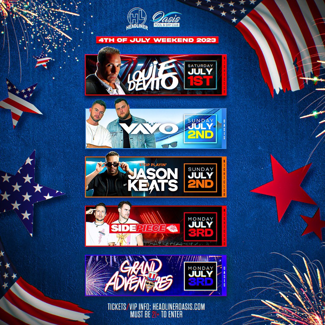 The Headliner Nightclub (@theheadlinernj) on Twitter photo 4th of July with <a href="/youasidepiece/">SIDEPIECE 💋</a> x <a href="/VAVOmusic/">VAVO</a> x <a href="/Jason_Keats/">Jason</a> x <a href="/LouieDeVito/">Louie DeVito</a> x <a href="/eddiegrandnj/">Eddie Grand Is Here!</a> 🎇 Tickets: headliner.posh.vip 4th of July with <a href="/youasidepiece/">SIDEPIECE 💋</a> x <a href="/VAVOmusic/">VAVO</a> x <a href="/Jason_Keats/">Jason</a> x <a href="/LouieDeVito/">Louie DeVito</a> x <a href="/eddiegrandnj/">Eddie Grand Is Here!</a> 🎇 Tickets: headliner.posh.vip