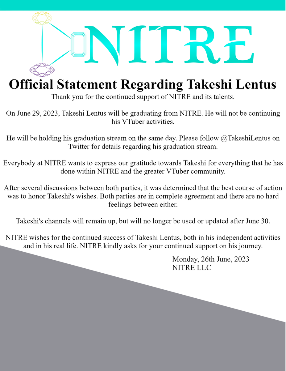 NITREOfficial's tweet photo. [Announcement]

Official announcement of the graduation of Takeshi Lentus. Please be sure to check out @TakeshiLentus  for his official announcement.

We apologize for the suddenness of this announcement, and we hope for your continued support of NITRE and the other talents. https://t.co/4D8ZH6RnRA