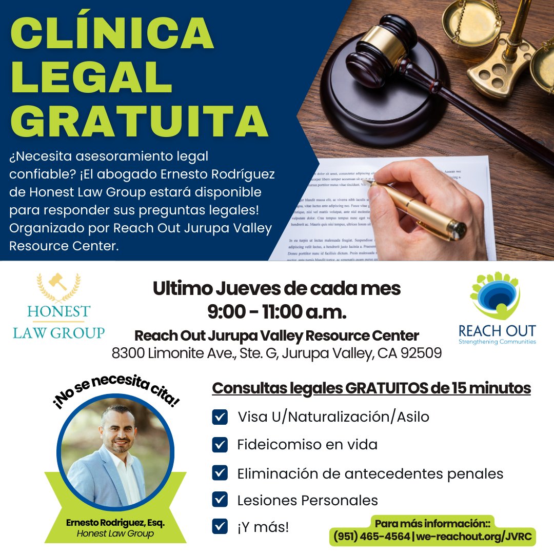 Come join us at our Jurupa Valley Resource Center every month for our free #LegalClinic. If you have legal questions, then come in to get the free help you need from Attorney Ernesto from #HonestLawGroup. No appointment required! 

8300 Limonite Ave., Jurupa Valley, CA 92509