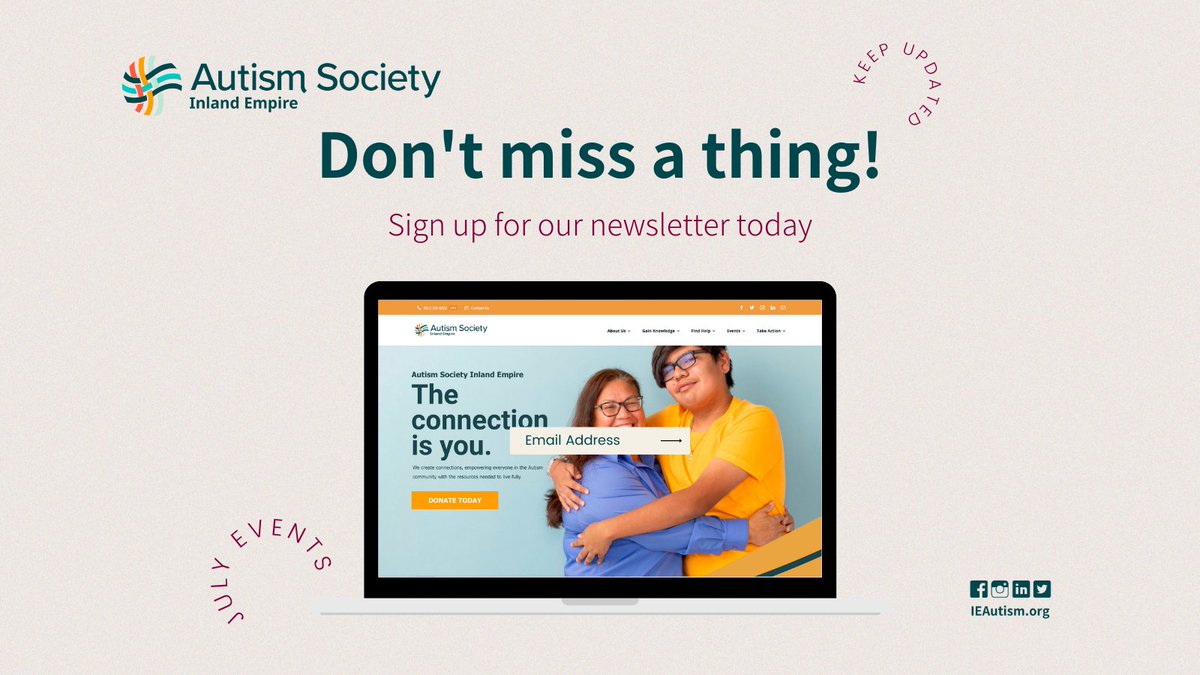 AutismSocietyIE's tweet image. July is right around the corner. Be the first to know and don't miss a thing- make sure you subscribe to our Events newsletter at IEAutism.org. Autism Society Inland Empire is your local Autism connection!

#AutismEvents #YourLocalAutismConnection