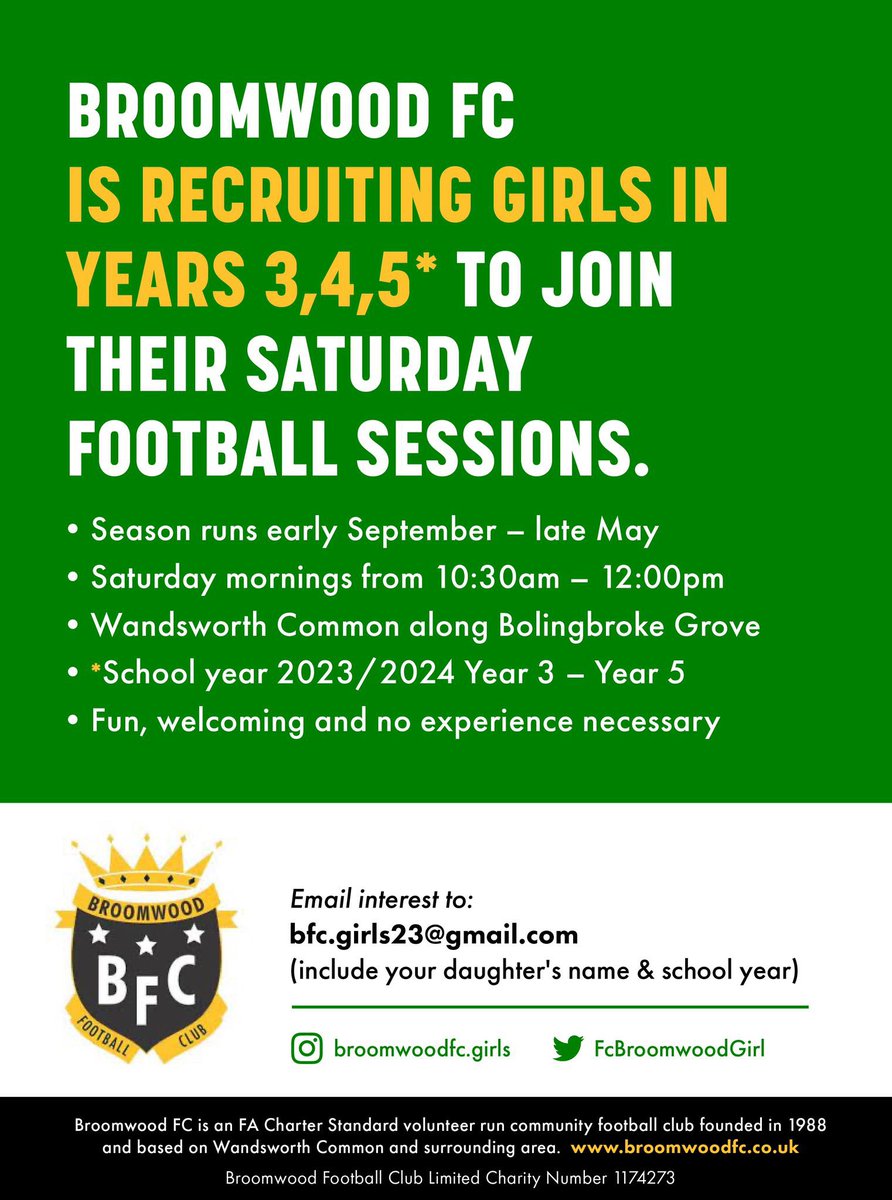 Come join the best volunteer run football club in London! <a href="/BroomwoodFC/">BroomwoodFC</a> is recruiting girls in the Junior Section! ⚽️💚🖤