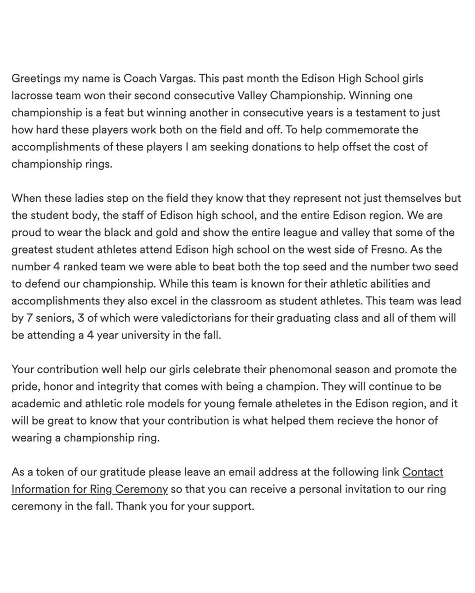 Hi Edison friends &amp; family!!
This season, our girls lacrosse team won their 2nd consecutive Valley Championship!! To commemorate our players’ achievements, we are seeking donations to help offset the cost of championship rings. Thank you for your support!

gofundme.com/f/support-the-…