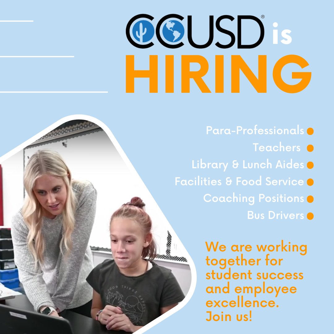 The Cave Creek Unified School District is hiring dedicated individuals who are committed to helping all our students succeed! If you or someone you know is looking to work in education, start your journey by clicking the link:
ccusd93.org/domain/135