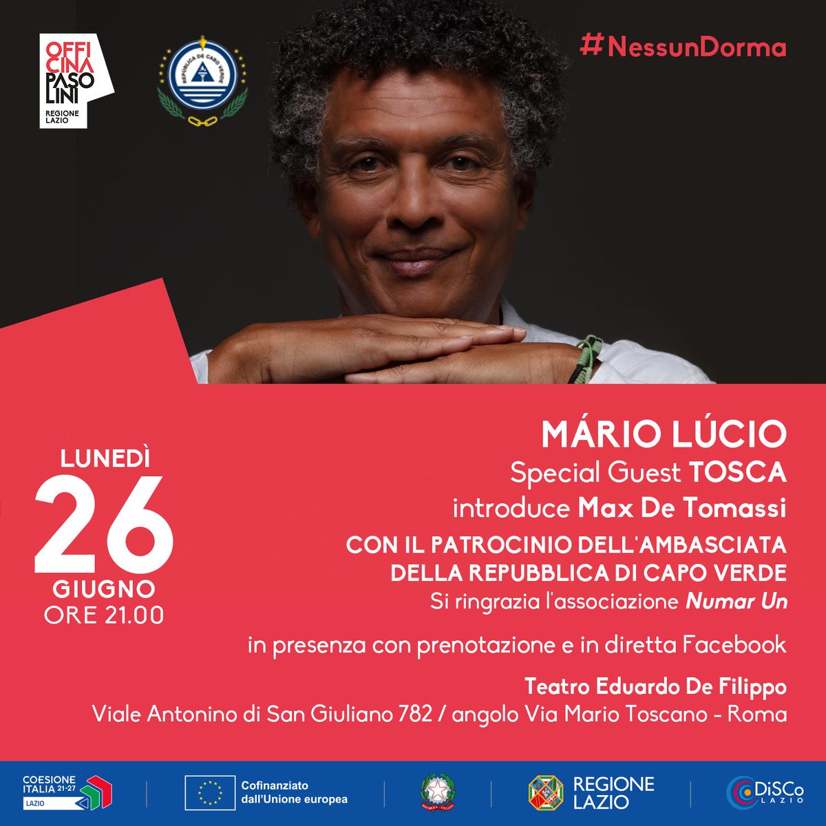 Tutto esaurito stasera a #OfficinaPasolini per il concerto del maestro capoverdiano #MarioLucio, che duetterà anche con #Tosca.
L'evento, patrocinato dall'Ambasciata di Capo Verde, potrà essere seguito live sulla pagina FB facebook.com/OfficinaPasoli…
<a href="/regionelazio/">Regione Lazio</a> #laziodisco