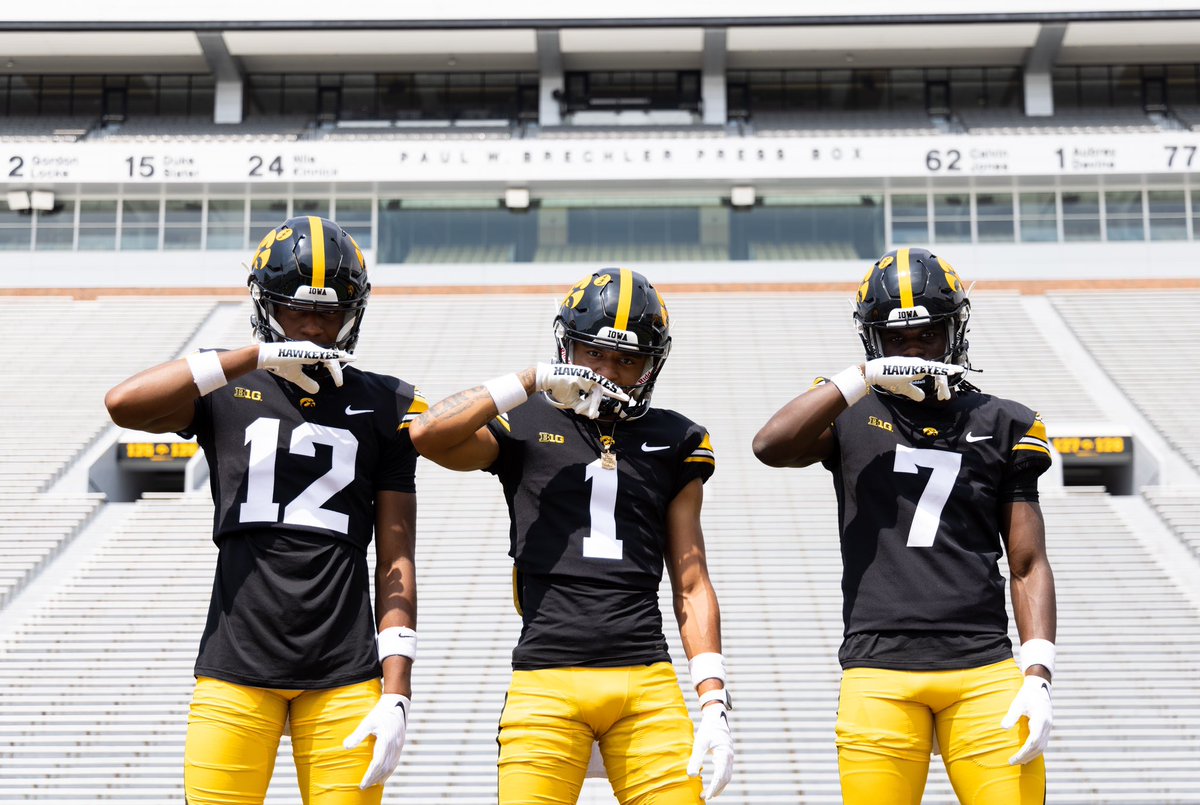 Defensive backs Xavier Lucas (#12), Jaylen Watson (#1), and Rashad Godfrey Jr. (#7) on their official visit to Iowa this past weekend bit.ly/44iWNQB