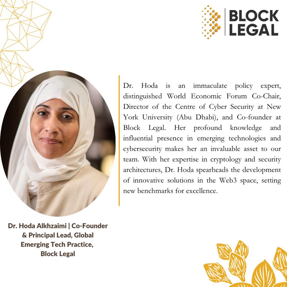 We are honoured to welcome Dr. Hoda A. Alkhzaimi to the founding team of Block Legal as Principal Lead, Global Emerging Tech Practice.  

#legal #team #tech #wef23 #cyberlaw #law #blocklegal