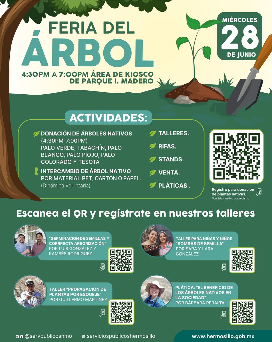 Te invitamos este miércoles 28 de junio a la Feria del Árbol.🌳 

Celebra con nosotros el #DíaMundialDelÁrbol y participa en la donación de plantas nativas, talleres, charlas y dinámicas que tenemos para ti. 🙌

¡Te esperamos en el kiosco del parque Madero!