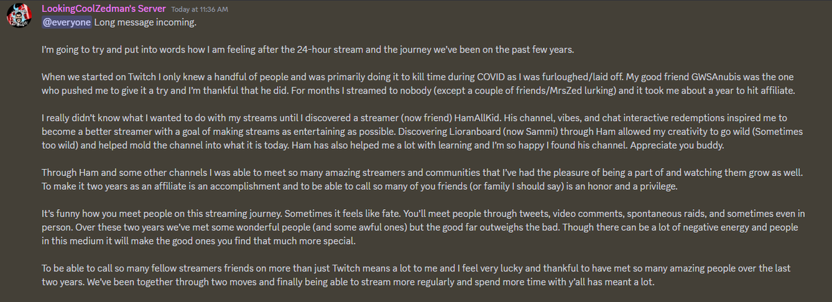 LookingCoolZed's tweet photo. Long message here so I had to screenshot it. Thank you so much for everything over these last two years and for all the love during the 24 hour stream. Not going to tag everyone on here but know that I'm so very thankful for each and every one of you. https://t.co/nuOTiY3XCD