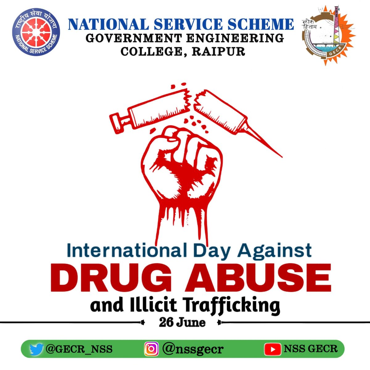 GECR_NSS's tweet photo. NSS, GECR draws attention towards #InternationalDayagainstDrugAbuseandIllicitTrafficking and warns to not use hazardous and Illegal drugs as they may take one's life. https://t.co/021iUTENlh