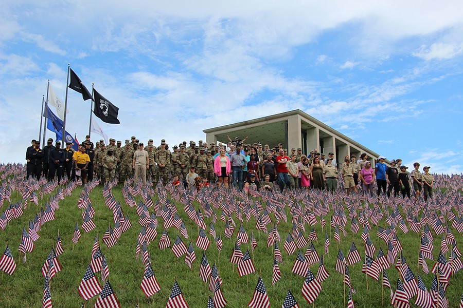 On Friday, June 23, 12,000 flags were placed in honor of the almost 12,000 Virginians whose names are engraved on the Shrines at Virginia War Memorial. Thank you to the 130+ volunteers who spent their time to create the Hill of Heroes.