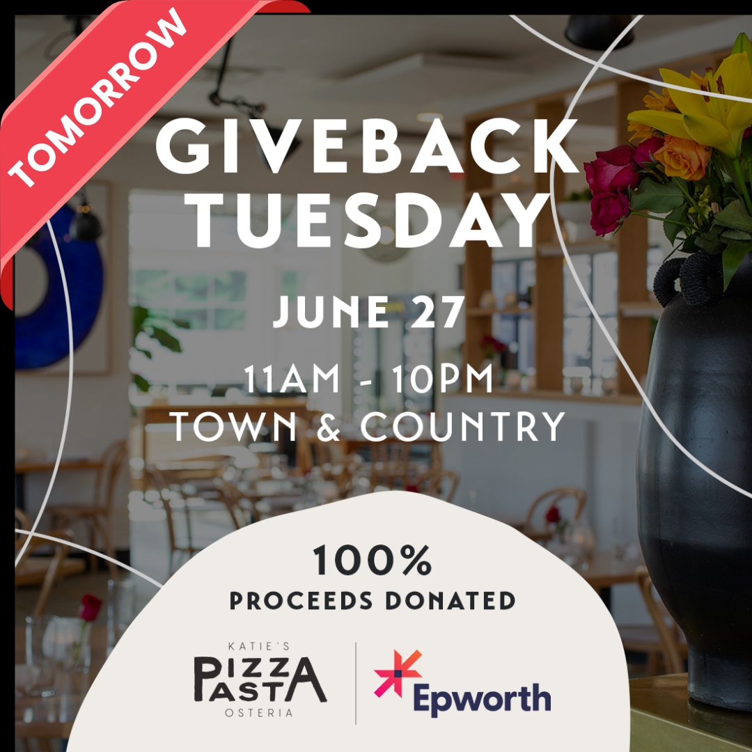 Know what you're having for lunch tomorrow? We do!⁠
⁠
Visit us at Katie's Pizza and Pasta in Town &amp; Country to learn more about Epworth, enjoy some delicious food, and support our critical services! #givebacktuesday #stlfoodscene #stl #nonprofit