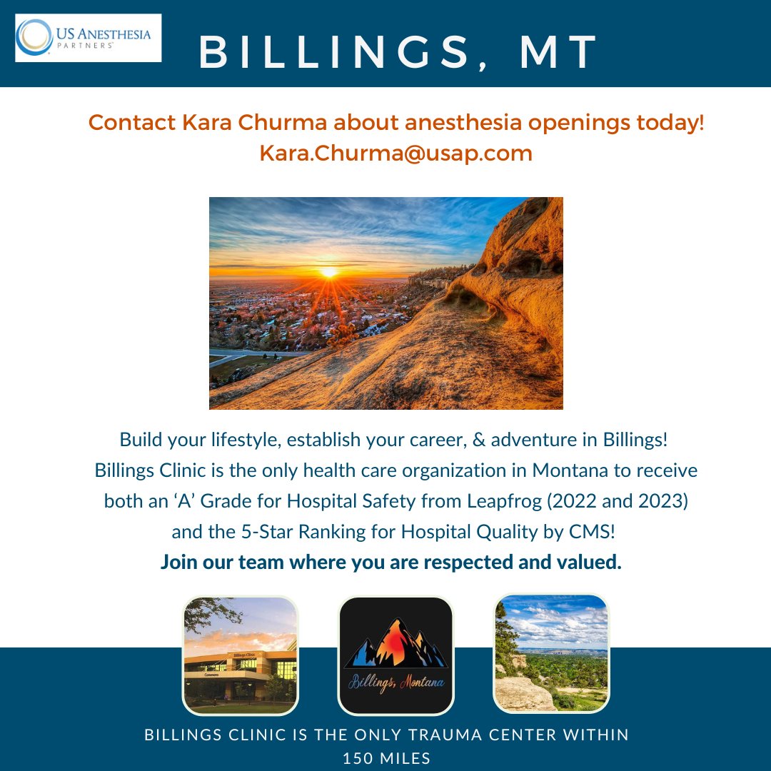 Take the next step! Connect today about how you can #lovewhereyoulive when you explore #anesthesia opportunities in #Billings, MT with US Anesthesia Partners 🔥 bit.ly/MT_USAP
#explore #betteroffinbillings #montanajobs #MondayMotivation #USAP #MedTwitter