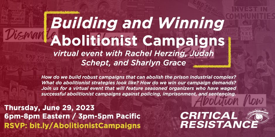 Building & Winning Abolitionist Campaigns!!! This Thur, June 29 @ 6pm ET - Join us for an event w/ seasoned organizers who have organized & won against policing & imprisonment, and learn lessons & reflections from successful fights against the PIC. RSVP: bit.ly/AbolitionistCa…