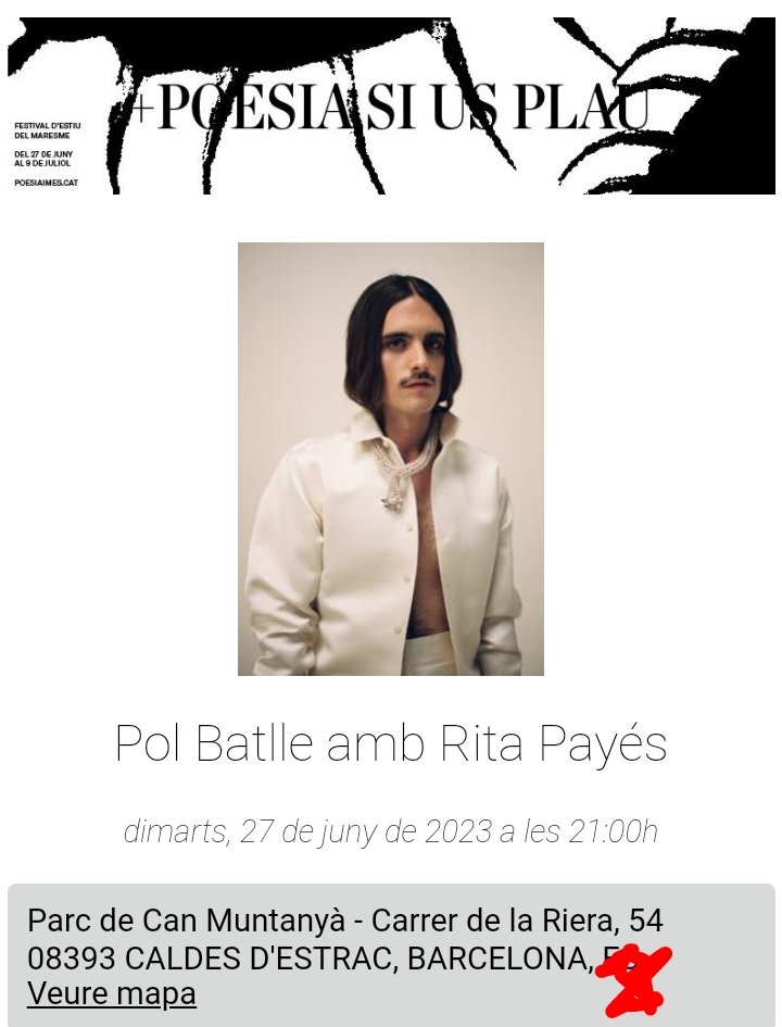CompanyStas's tweet photo. #26jun23
0hN @figaflawas
a S Cugat del Vallès/parc/canVernet
#27juny23
2/4 d7hV "l'últim tren d Bourfa" d @Rosa_brines a Castelló/Menador
9hV
~@SergiCarbonellV a BCN/@alma_pedralbes
~@polbattle amb @ritapayes a Caldes d'Estrac/parc/canMuntanya
"A l'estiu, tot barbarisme viu" https://t.co/gfg6LjGyEj