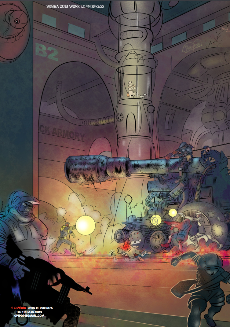 Opipop's tweet photo. That #Blockwar picture I posted earlier lacked resolution, here it is in more detail @nulgame. @dredduniverse …the wee dog I drew probably owes something to Jim Baikie and a page he once drew. https://t.co/UlZxszMGba