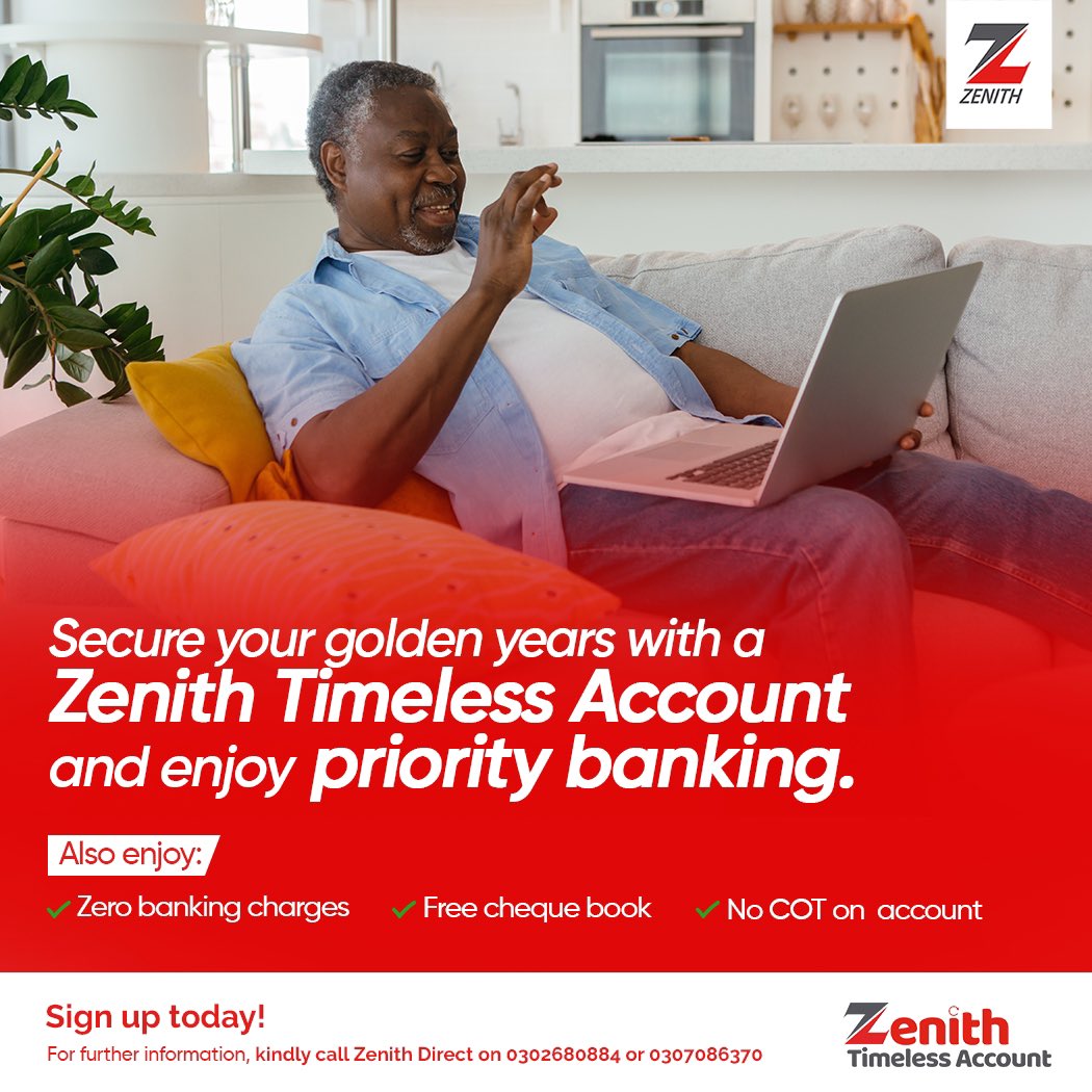 ZenithBank_Gh's tweet photo. Make the most of your golden years with the Zenith Timeless Account.
Sign up today!

#ZenithBankGhana
#TimelessAccount
#EazyBanking
#InYourBestInterest https://t.co/zTwvG2qcxh