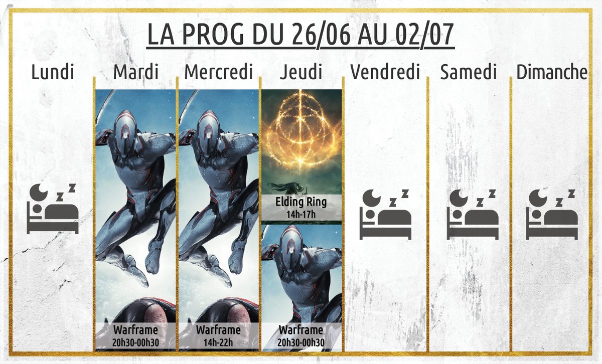 Petite prog pour cette semaine ! Heureusement, on reste principalement sur du #warframe ! ouf !

On se voir sur #twitch 😉 twitch.tv/likhann_

#twitchtv #twitchstreamer #live #streamer