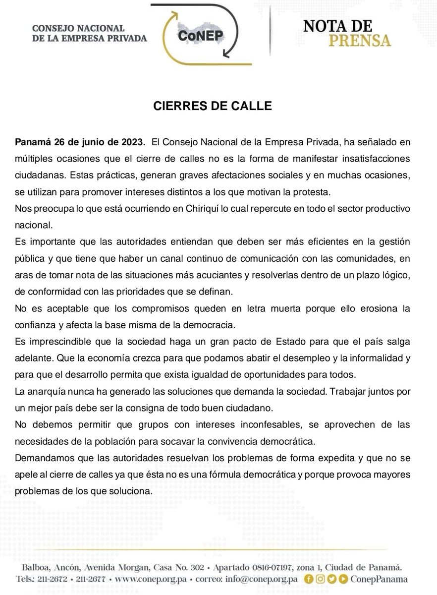 El CoNEP, manifiesta su rechazo a las constantes amenazas y cierre de calles, por considerar que no es la forma de manifestar insatisfacciones ciudadanas. Solicitamos a las autoridades mayor celeridad en la gestión pública, con un canal continuo de comunicación con comunidades.