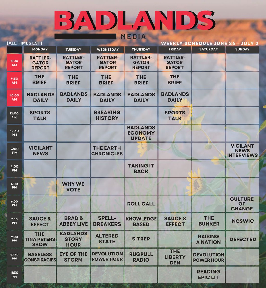 🔥 Badlands Show Schedule 🔥

For the week of June 26 - July 2