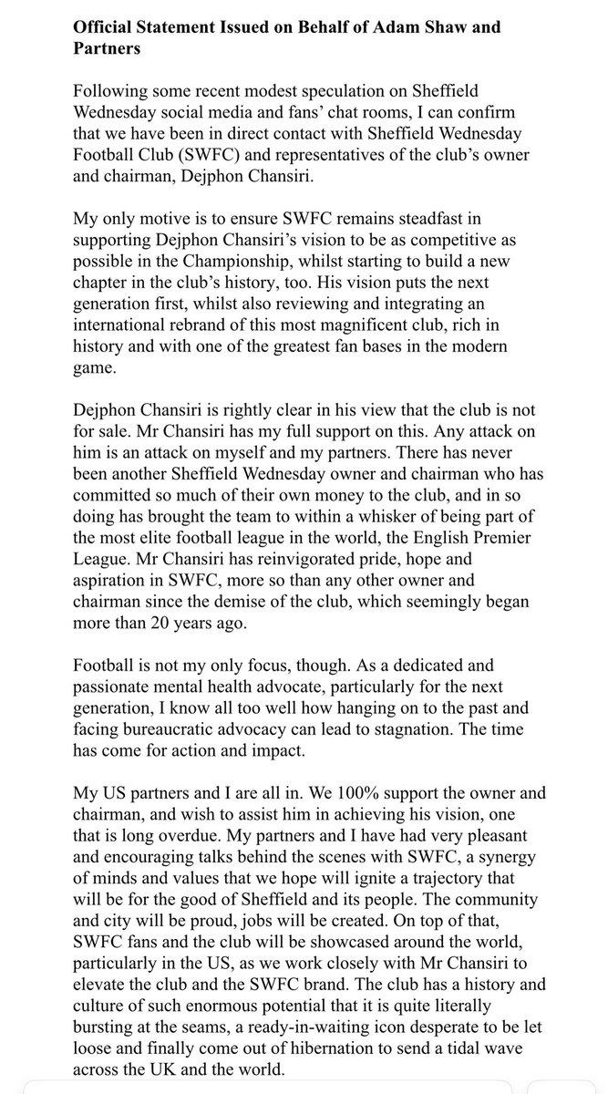 robstaton's tweet photo. Breaking: A statement from Adam Shaw &amp; partners, confirming direct contact with Sheffield Wednesday Football Club and representatives of the club’s owner and chairman Dejphon Chansiri.

Shaw is an American based businessman originally from Woodseats and a lifelong #SWFC fan. https://t.co/4m3bW5LKTM