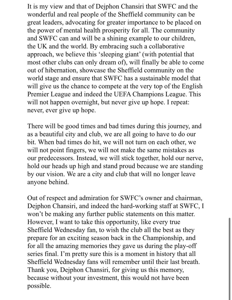robstaton's tweet photo. Breaking: A statement from Adam Shaw &amp; partners, confirming direct contact with Sheffield Wednesday Football Club and representatives of the club’s owner and chairman Dejphon Chansiri.

Shaw is an American based businessman originally from Woodseats and a lifelong #SWFC fan. https://t.co/4m3bW5LKTM
