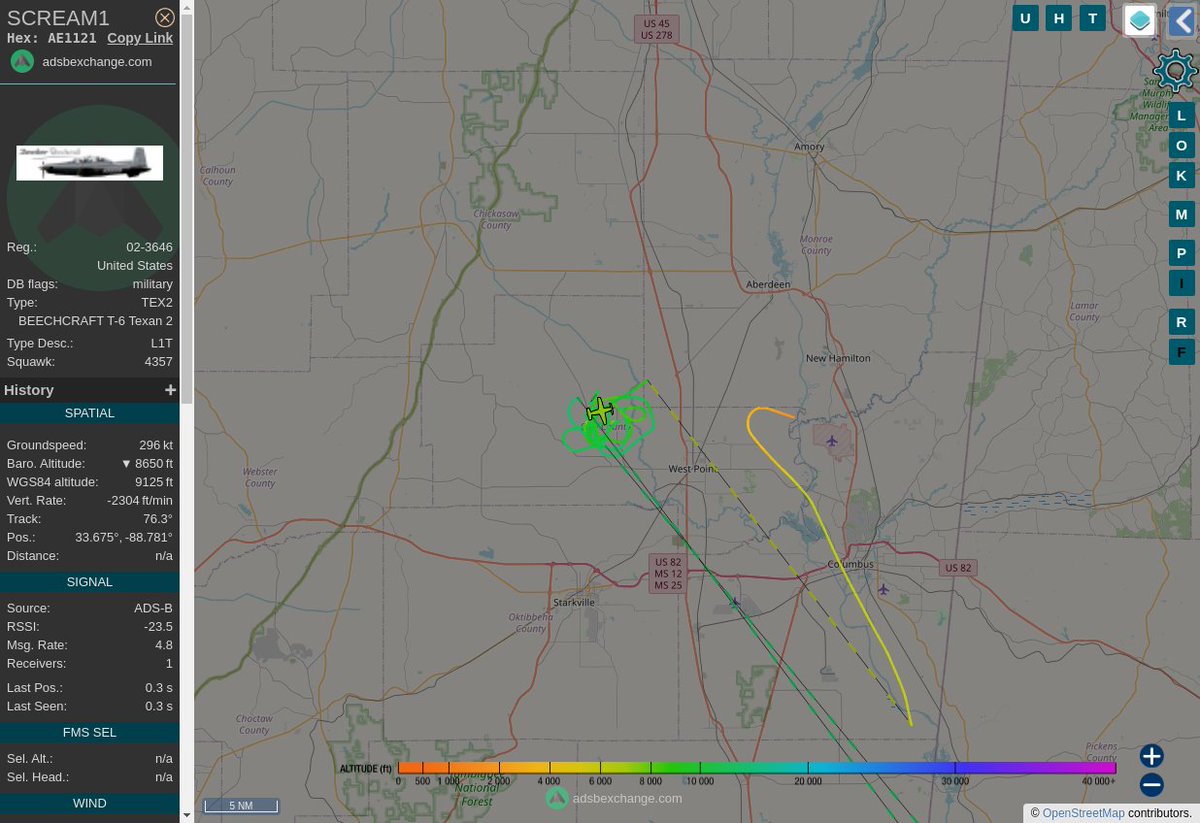 Radar_Assistant's tweet image. MULTI ADSBX MANOEUVRING ALERT : At time Mon Jun 26 17:34:21 2023 #SCREAM1  was likely to be manoeuvring at FL102 12nm from STF Bryan_NDB_US
 near Clay County, Mississippi, 39741, United States #AvGeek #ADSB globe.adsbexchange.com/?icao=AE1121&amp;amp;z…