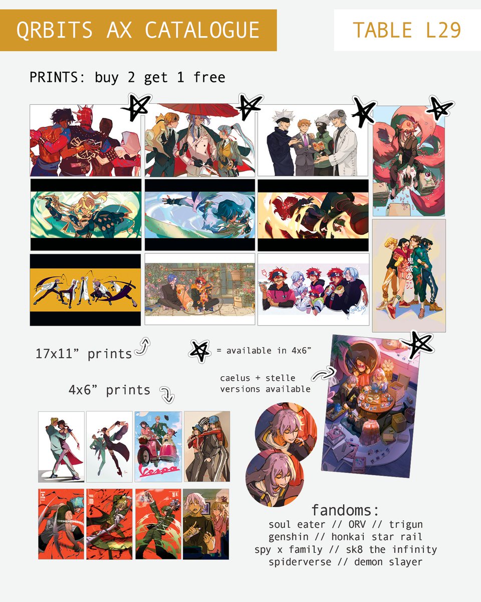 Here's my AX catalogue! Will be at L29 with @caramoccii ✌️ Somehow ended up with a lot of soul eater stuff 😅 There's some more old random prints that didn't make it into the catalogue. Come say hi :D #AX2023 #AX2023ArtistAlley #AXArtistAlley2023