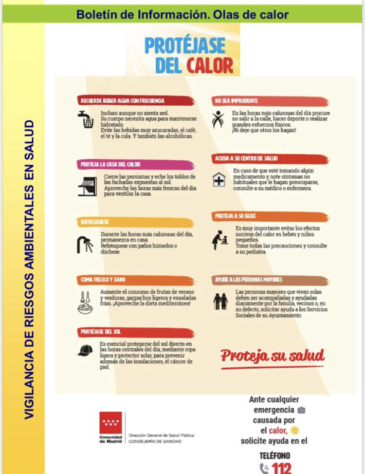 ⚠️ATENCIÓN⚠️

Boletín informativo #OlaDeCalor

Nivel Riesgo 2 ALTO RIESGO por temperatura máxima prevista para hoy superior a 38,5°C.

Temperatura máxima prevista para hoy: 39,1 °C.
Temperatura máxima registrada ayer: 38,0 °C.

+INFO: madrid.org/calorysalud