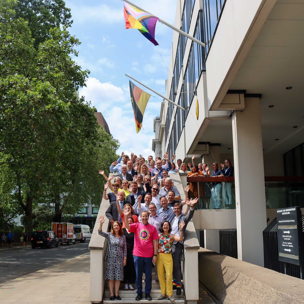 Kicking off #PrideWeek with the Embassy team showing our support for LGBTQI+ rights.

Strong commitment to standing up against violence &amp; discrimination on grounds of sexual orientation &amp; gender identity is a fundamental part of our foreign policy. See you at Pride on Saturday!