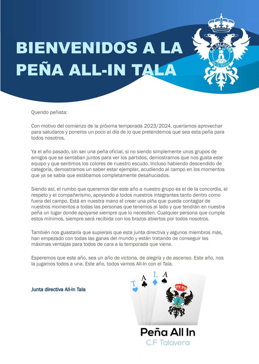 AllInTala's tweet image. 📄 Carta presentación de la Peña All In Tala. 

▪ Dirigida a todos los miembros de la peña 

#VamosTala 🏺