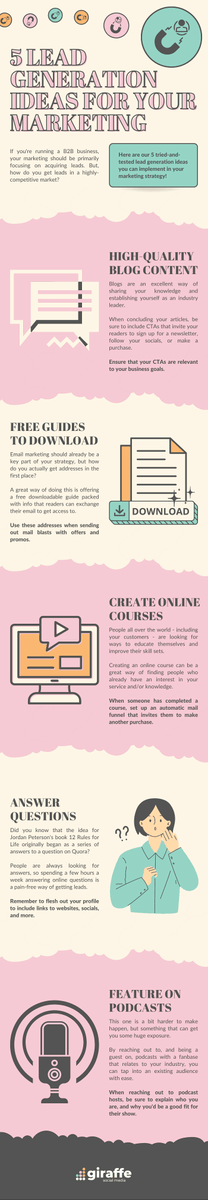 Great little infographic from <a href="/GiraffeSM/">Giraffe Social</a>! (click to expand and see the whole thing.)

#B2B businesses take note of these 5 #marketing tactics for bringing in leads.

1️⃣ High-quality content
2️⃣ Free downloadable guides
3️⃣ Online courses
4️⃣ Answer questions
5️⃣ Guest on a podcast
