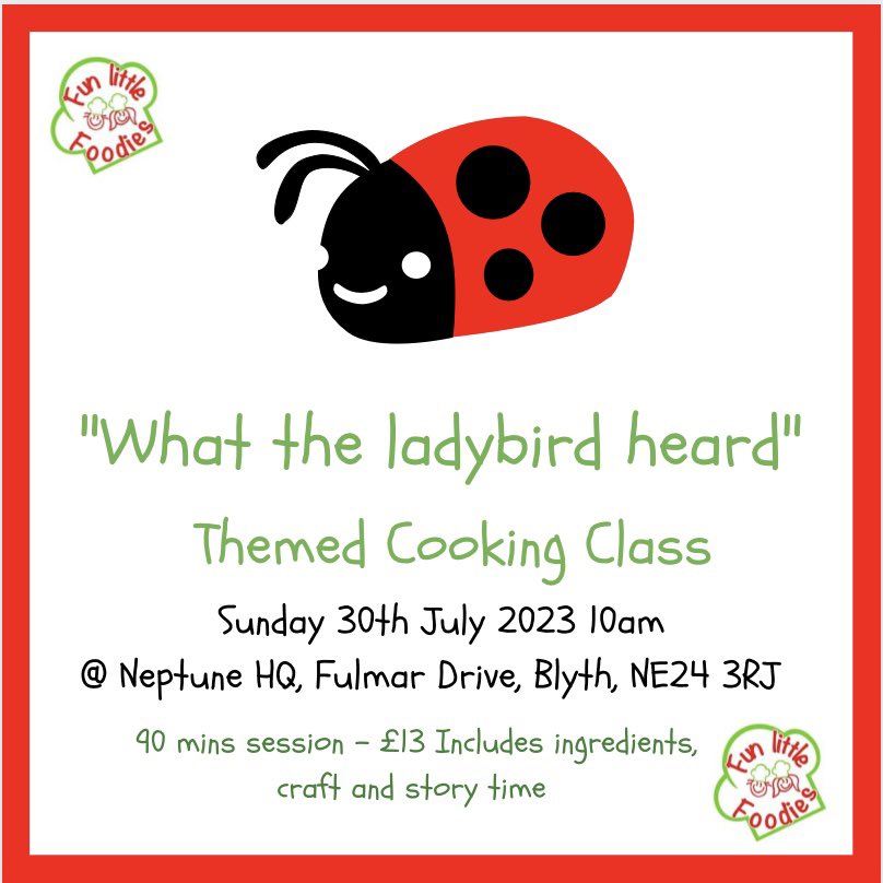 FLF is coming to Blyth with a special holiday class! 🐞🌞

Suitable for 2+ years, cooking, crafting &amp; story time. Book now at dodays.co.uk/classes/59950
#cookingclass #WeekendFun #northumberland