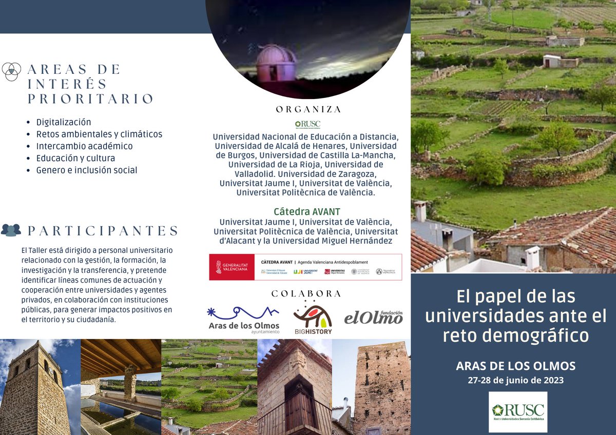 AvantGva's tweet photo. 📢Mañana comienza el taller de la Red de Universidades de la Serranía Celtibérica RUSC en @ArasdelosOlmos1
🎯Objetivo 🔝10 universidades públicas se unen👉 para identificar proyectos y afrontar los problemas territoriales que comporta el reto demográfico🌏 https://t.co/MtXVPsqoNH